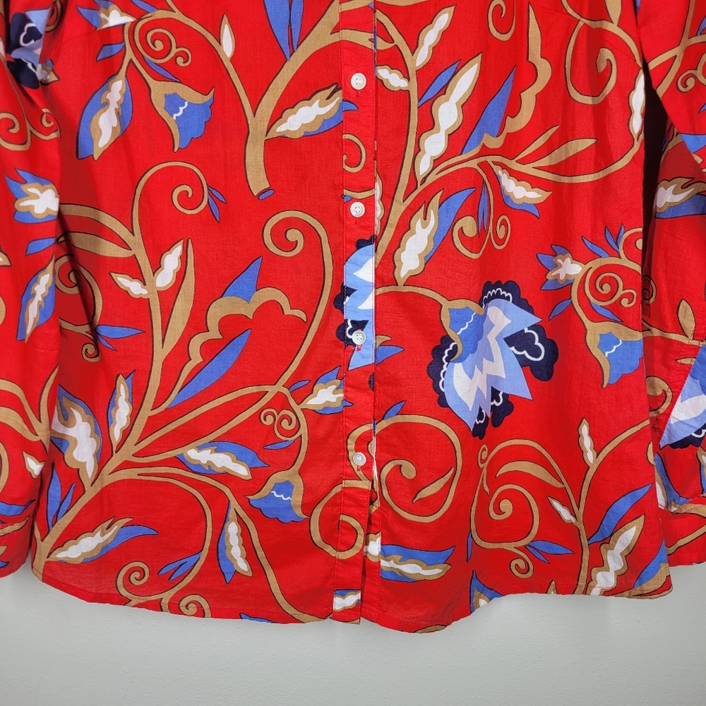 J. McLaughlin Red Blue Floral Lois Button Up Top Long Sleeve Cotton Small - Picture 3 of 9